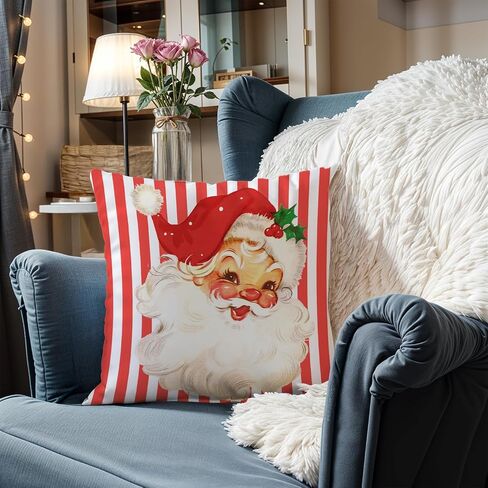 Pink Santa Claus Christmas Pillow Covers 18x18, Preppy Christmas Decor, Pink and White Striped Xmas Santa Decorative Throw Pillow Covers for Couch Sofa Bedroom Living Room Home in Kuwait