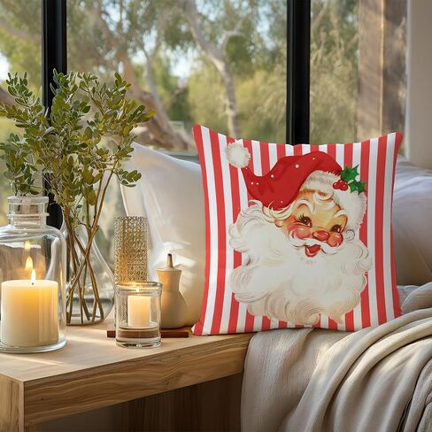Pink Santa Claus Christmas Pillow Covers 18x18, Preppy Christmas Decor, Pink and White Striped Xmas Santa Decorative Throw Pillow Covers for Couch Sofa Bedroom Living Room Home in Kuwait