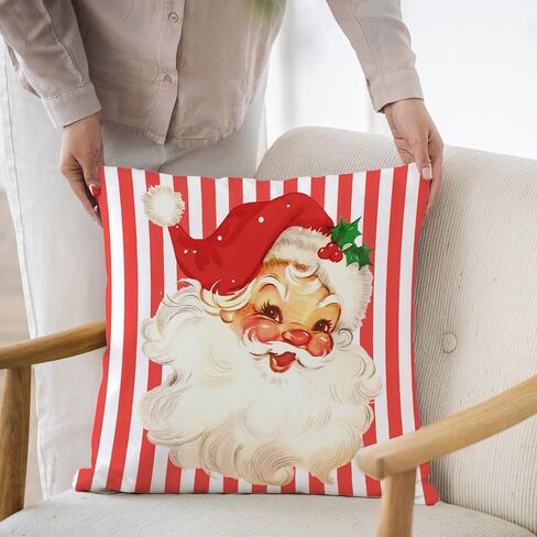 Pink Santa Claus Christmas Pillow Covers 18x18, Preppy Christmas Decor, Pink and White Striped Xmas Santa Decorative Throw Pillow Covers for Couch Sofa Bedroom Living Room Home in Kuwait