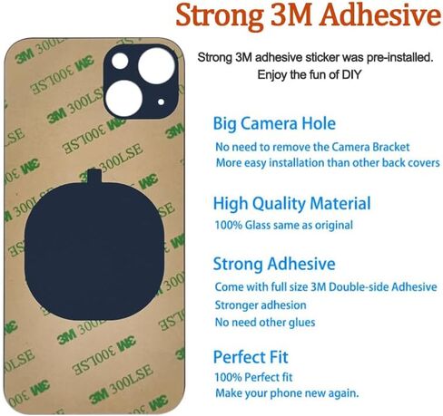1PC 2IN1 Rear Back Cover Replacement Glass for iPhone 13 Battery Cover Glass Door Panel Housing Big Hole Replacement Part with Pre-Installed Adhesive (Blue) in Saudi Arabia