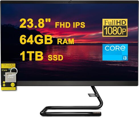 كمبيوتر مكتبي Lenovo IdeaCentre AIO 3 الكل في واحد، شاشة 23.8 بوصة FHD IPS مضادة للتوهج، معالج Intel رباعي النواة i3-10100T، ذاكرة وصول عشوائي 16 جيجابايت، 1 تيرابايت SSD Win10 مع ملحق ICP in Kuwait