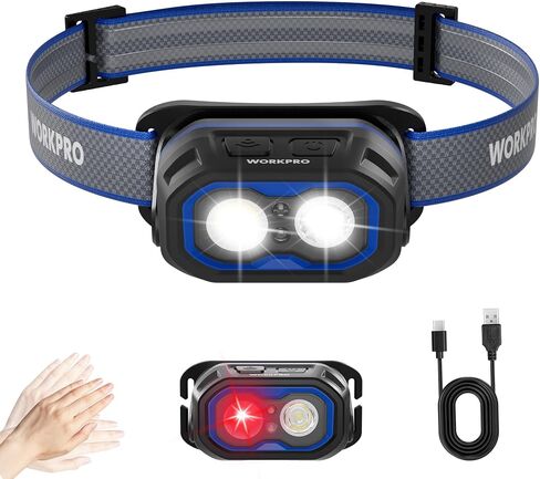 WORKPRO 1200LM Rechargeable Headlamp, Super Bright Head Lamp with White Red Light, Motion Sensor, Memory Function, Shockproof & IPX6 Waterproof Headlight with Dimmable for Camping, Hunting, Repair in Saudi Arabia