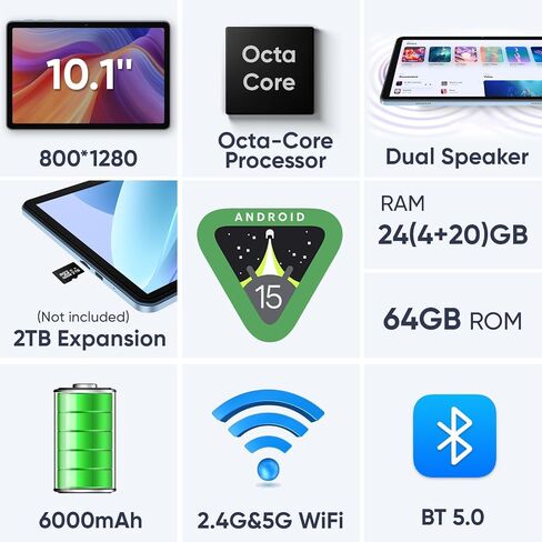 Android 15 Tablet 10.1 inch Tablet 2025 Latest Tablets with Keyboard Mouse 24GB+64GB 2TB Expand 6000mAh Octa-Core Processor Dual Camera WiFi 1280x800 IPS 18W Fast Charging in Saudi Arabia