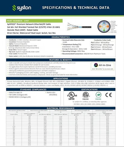 مجموعة كابل شبكة إيثرنت Cat 6A+ Ethernet من Syston Direct Burial، 700 ميجاهرتز F/UTP 23 AWG مصنع خارجي من النحاس النقي العاري (OSP) - سترة مزدوجة الطبقة مقاومة للماء للاستخدام في الأماكن الخارجية الرطبة in Kuwait