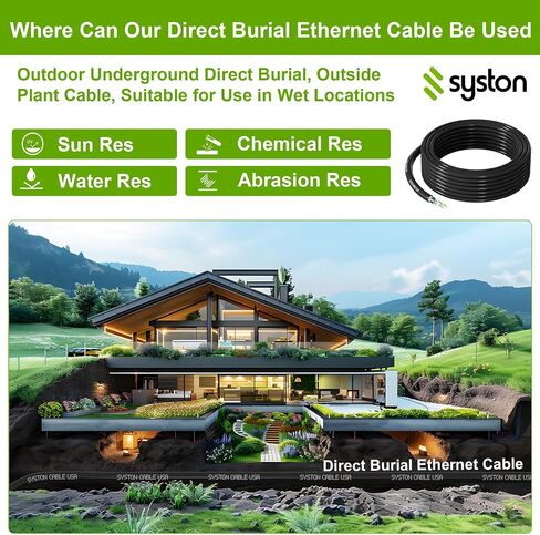 مجموعة كابل شبكة إيثرنت Cat 6A+ Ethernet من Syston Direct Burial، 700 ميجاهرتز F/UTP 23 AWG مصنع خارجي من النحاس النقي العاري (OSP) - سترة مزدوجة الطبقة مقاومة للماء للاستخدام في الأماكن الخارجية الرطبة in Kuwait