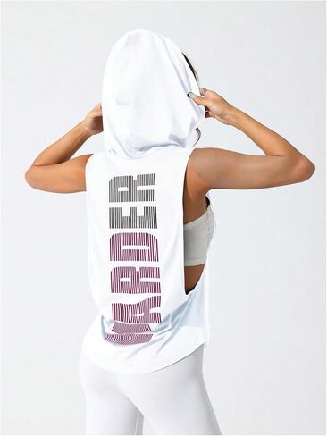 SweatyRocks Women's Low Cut Workout Hooded Tank Top Letter Graphic Sleeveless Hoodie Athletic Tanks Tops in Saudi Arabia