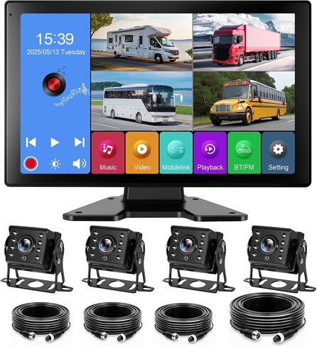نظام كاميرا احتياطية 4 قنوات RV مع شاشة لمس 10.1 بوصة، تسجيل DVR، 4 × 1080P كاميرات مقاومة للماء، رباعية سبليت، بلوتوث، لحافلة مقطورة شاحنة RV in Kuwait