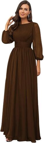 Elegant Chiffon Bridesmaid Dresses for Women Ruffles Scoop Neck Long Sleeves A-line Long Pleated Formal Dress in Kuwait