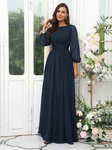 Elegant Chiffon Bridesmaid Dresses for Women Ruffles Scoop Neck Long Sleeves A-line Long Pleated Formal Dress in Kuwait