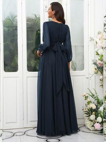 Elegant Chiffon Bridesmaid Dresses for Women Ruffles Scoop Neck Long Sleeves A-line Long Pleated Formal Dress in Kuwait