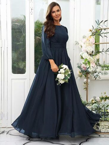 Elegant Chiffon Bridesmaid Dresses for Women Ruffles Scoop Neck Long Sleeves A-line Long Pleated Formal Dress in Kuwait