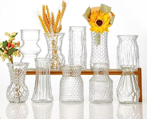 Glass Bud Vase Set of 5 Clear Vases for Centerpieces Decorative, Vintage Embossed in Bulk Crystal Textured Cute, Wedding Decor Mini Flower Floral Vase for Rustic Wedding, Home Table, Party in Saudi Arabia