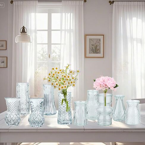 Glass Bud Vase Set of 5 Clear Vases for Centerpieces Decorative, Vintage Embossed in Bulk Crystal Textured Cute, Wedding Decor Mini Flower Floral Vase for Rustic Wedding, Home Table, Party in Saudi Arabia
