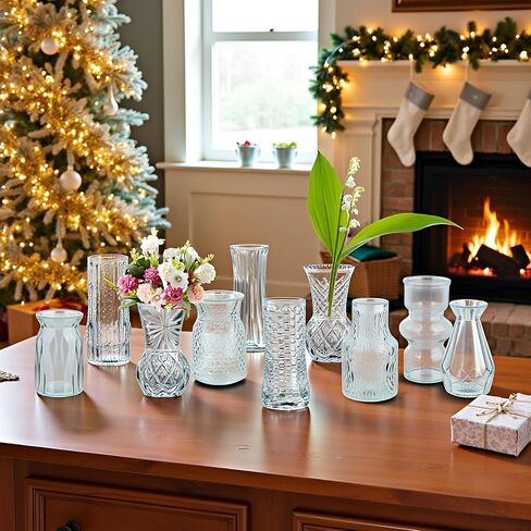 Glass Bud Vase Set of 5 Clear Vases for Centerpieces Decorative, Vintage Embossed in Bulk Crystal Textured Cute, Wedding Decor Mini Flower Floral Vase for Rustic Wedding, Home Table, Party in Saudi Arabia