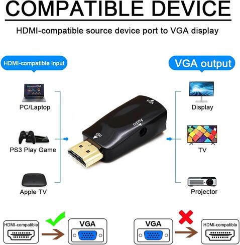 HDMI-متوافق مع محول سلك V/GA ​​1080P 3.5 مم Ja-ck للكمبيوتر اللوحي وصندوق التلفزيون وشاشة الكمبيوتر (أبيض بدون كابل) in Saudi Arabia