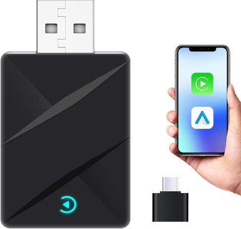 محول CarPlay اللاسلكي، تحويل سلكي إلى محول CarPlay لاسلكي، التوصيل والتشغيل 2 في 1 CarPlay ومحول Android التلقائي، سريع ومستقر USB صغير ومحول USB-C/Type-C للسيارة، مناسب لنظام iOS10+/Android11+ (أسود) in Kuwait