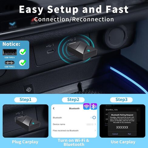 محول CarPlay اللاسلكي، تحويل سلكي إلى محول CarPlay لاسلكي، التوصيل والتشغيل 2 في 1 CarPlay ومحول Android التلقائي، سريع ومستقر USB صغير ومحول USB-C/Type-C للسيارة، مناسب لنظام iOS10+/Android11+ (أسود) in Kuwait