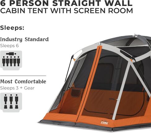CORE Tent for Family Camping | 4 Person & 6 Person Portable Camp Tent with Carry Bag for Outdoor Car Camping | Included Gear Loft Organizer for Camp Accessories in Kuwait