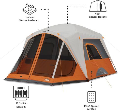 CORE Tent for Family Camping | 4 Person & 6 Person Portable Camp Tent with Carry Bag for Outdoor Car Camping | Included Gear Loft Organizer for Camp Accessories in Kuwait