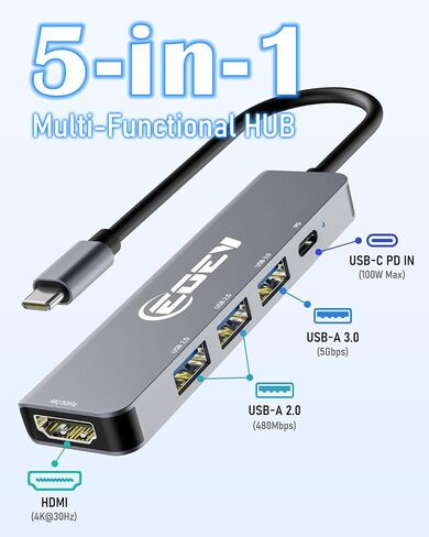 محول USB C Hub متعدد المنافذ 5 في 1 USB A 3.0 منافذ بيانات 5 جيجابت في الثانية، 2X USB A 2.0 مع شحن PD 100 واط، محول من النوع C إلى HDMI منافذ بيانات 4K@30 هرتز للكمبيوتر الشخصي وسطح المكتب وMac Book Air pro Dell والمزيد (فضي) in Kuwait