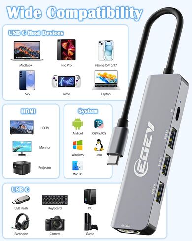 محول USB C Hub متعدد المنافذ 5 في 1 USB A 3.0 منافذ بيانات 5 جيجابت في الثانية، 2X USB A 2.0 مع شحن PD 100 واط، محول من النوع C إلى HDMI منافذ بيانات 4K@30 هرتز للكمبيوتر الشخصي وسطح المكتب وMac Book Air pro Dell والمزيد (فضي) in Kuwait