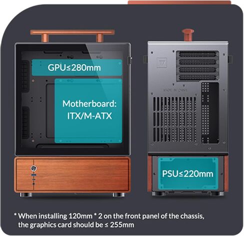 حافظة كمبيوتر JONSBO T7 باللون الأسود Micro ATX، هيكل من الألومنيوم، بمقبض متعدد الوظائف، حافظة كمبيوتر مكتبي بقشرة من الخشب الصلب، MB: MicroATX/ITX، وحدة معالجة الرسومات 280 مم، PSU ATX 220 مم، مكان على اليسار باللون الأسود in Saudi Arabia