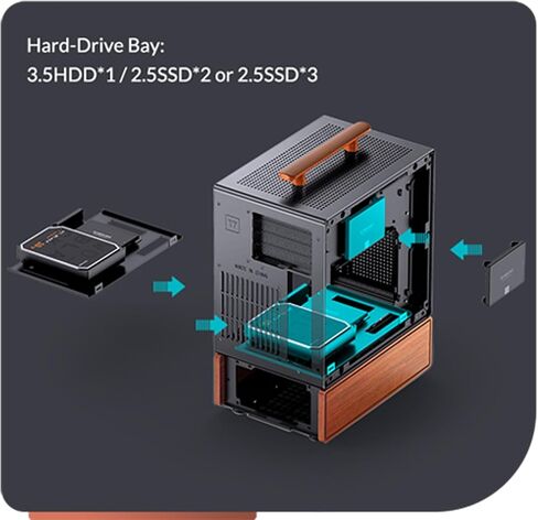 حافظة كمبيوتر JONSBO T7 باللون الأسود Micro ATX، هيكل من الألومنيوم، بمقبض متعدد الوظائف، حافظة كمبيوتر مكتبي بقشرة من الخشب الصلب، MB: MicroATX/ITX، وحدة معالجة الرسومات 280 مم، PSU ATX 220 مم، مكان على اليسار باللون الأسود in Saudi Arabia