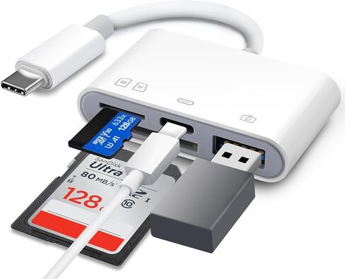 قارئ بطاقة SD لهاتف iPhone 15-17، قارئ بطاقة SD 4 في 1 USB C لهاتف iPhone مع 3 فتحات SD/TF/USB-A ومنفذ شحن، عارض بطاقة الكاميرا الرقمية لأجهزة الكمبيوتر المحمول MacBook والهواتف Android والتوصيل والتشغيل in Saudi Arabia