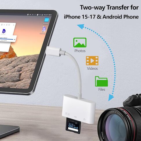 قارئ بطاقة SD لهاتف iPhone 15-17، قارئ بطاقة SD 4 في 1 USB C لهاتف iPhone مع 3 فتحات SD/TF/USB-A ومنفذ شحن، عارض بطاقة الكاميرا الرقمية لأجهزة الكمبيوتر المحمول MacBook والهواتف Android والتوصيل والتشغيل in Saudi Arabia