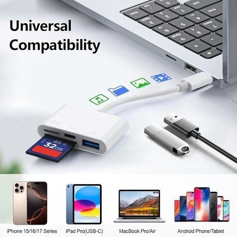 قارئ بطاقة SD لهاتف iPhone 15-17، قارئ بطاقة SD 4 في 1 USB C لهاتف iPhone مع 3 فتحات SD/TF/USB-A ومنفذ شحن، عارض بطاقة الكاميرا الرقمية لأجهزة الكمبيوتر المحمول MacBook والهواتف Android والتوصيل والتشغيل in Saudi Arabia