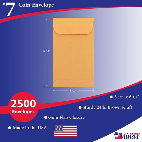 Minas Envelope #7 Coin/ Cash/ Small Parts Envelope, 3-1/2" X 6-1/2", Premium 24lb. Kraft, 500/Box in Saudi Arabia