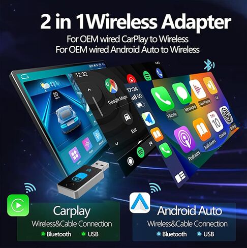 Wireless Carplay Adapter for iPhone, One Click Multi Devices/Users Switching Seamless Connection, 2025 Upgraded Car Bluetooth Adapter Built-in Wired Car Play/Android Auto to Wireless in Saudi Arabia