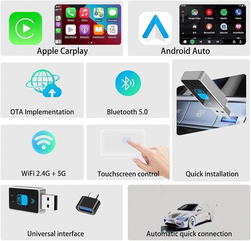 Wireless Carplay Adapter for iPhone, One Click Multi Devices/Users Switching Seamless Connection, 2025 Upgraded Car Bluetooth Adapter Built-in Wired Car Play/Android Auto to Wireless in Saudi Arabia