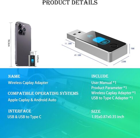 Wireless Carplay Adapter for iPhone, One Click Multi Devices/Users Switching Seamless Connection, 2025 Upgraded Car Bluetooth Adapter Built-in Wired Car Play/Android Auto to Wireless in Saudi Arabia