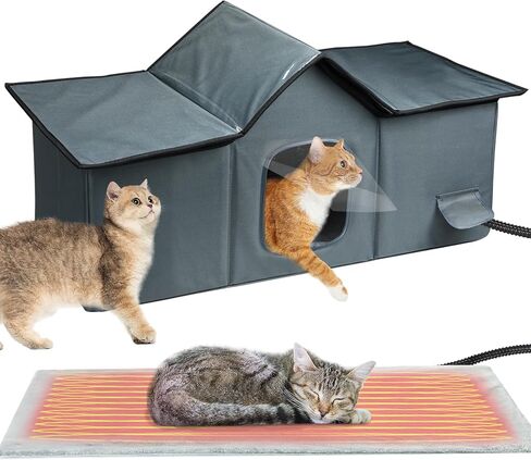 Large Heated Cat House, Waterproof Outdoor Cat Shelter for Winter with Thermostatic Heating Pad and Escape Door, Sturdy Warm Outside Pet House for Feral Cats Small Dog in Saudi Arabia