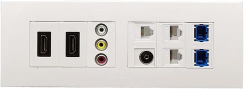 Wall Plate with 2xHDMI Audio and Video Plugs, RJ11 Telephone Analog ATV, Dual CAT6 RJ45 LAN SC-SC UPC Fiber Optic sockets, White Panel in Saudi Arabia