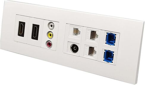 Wall Plate with 2xHDMI Audio and Video Plugs, RJ11 Telephone Analog ATV, Dual CAT6 RJ45 LAN SC-SC UPC Fiber Optic sockets, White Panel in Saudi Arabia
