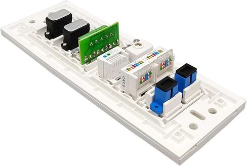 Wall Plate with 2xHDMI Audio and Video Plugs, RJ11 Telephone Analog ATV, Dual CAT6 RJ45 LAN SC-SC UPC Fiber Optic sockets, White Panel in Saudi Arabia