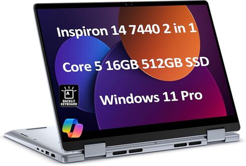 كمبيوتر محمول Dell Inspiron 14 7440 2 في 1 (14 بوصة FHD + شاشة لمس، Intel Core 5 120U (> i7-1355U)، 16 جيجابايت DDR5، 512 جيجابايت SSD)، للمبدع والمصمم، عمر بطارية طويل 10 ساعات، بإضاءة خلفية، Win 11 Pro (متجدد) in Saudi Arabia