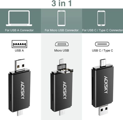 قارئ بطاقة SD 3 في 1 من النوع C/USB-A/Micro USB، قارئ بطاقة ذاكرة بفتحة مزدوجة لأجهزة MacBook/PC/Android/الهاتف/الكاميرا/الكمبيوتر المحمول/Galaxy/Chromebook، محول بطاقة Micro SD يدعم SD/SDHC/SDXC/MMC in Saudi Arabia