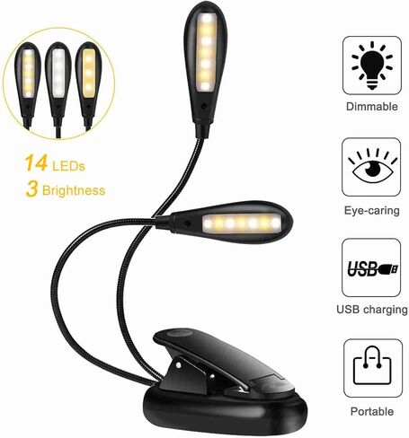 Eujgoov 14 LED USB قابلة للشحن ضوء القراءة ذراع مزدوج 14 تركيب المصابيح مع 9 أوضاع يعتم مصباح القراءة مشبك مرن in Saudi Arabia