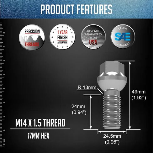 Wheel Accessories Parts Set of 20 Chrome 14x1.5 Lug Bolts Ball Seat (R12) 28mm Shank Length, M14 1.5 Thread, 17mm Hex Wheel Lug Bolts with Dual Hex Key (20, Chrome, M14x1.5) in Saudi Arabia