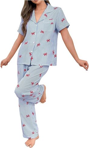 WDIRARA Women's 2 Piece Stripe Button Front Pocketed Shirts and Pants Ruffled Hem Pajama Set in Saudi Arabia