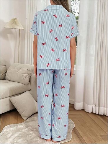 WDIRARA Women's 2 Piece Stripe Button Front Pocketed Shirts and Pants Ruffled Hem Pajama Set in Saudi Arabia