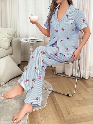 WDIRARA Women's 2 Piece Stripe Button Front Pocketed Shirts and Pants Ruffled Hem Pajama Set in Saudi Arabia