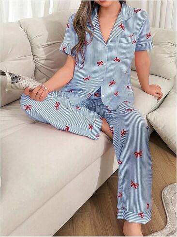 WDIRARA Women's 2 Piece Stripe Button Front Pocketed Shirts and Pants Ruffled Hem Pajama Set in Saudi Arabia