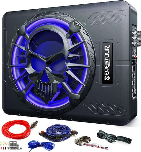 10" 1200W Slim Under Seat Powered Car Subwoofer, Car/Truck Audio Sub Built in Amplifier amp Combo, with LED Ambient Light (Subwoofer + Mounting Wire Kit) in Kuwait