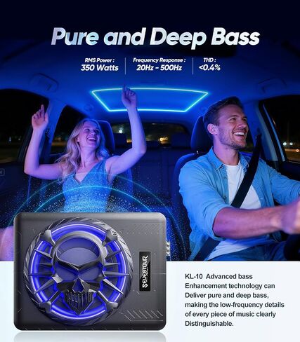 10" 1200W Slim Under Seat Powered Car Subwoofer, Car/Truck Audio Sub Built in Amplifier amp Combo, with LED Ambient Light (Subwoofer + Mounting Wire Kit) in Kuwait