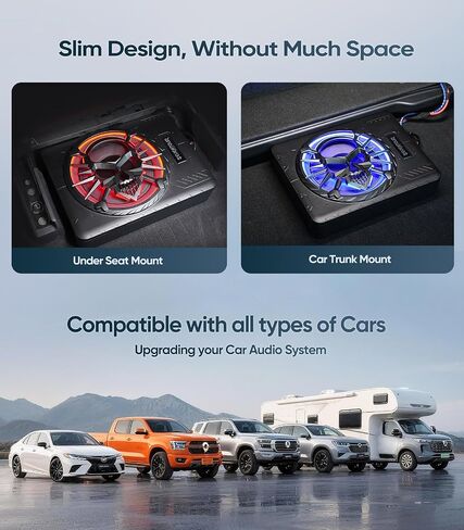 10" 1200W Slim Under Seat Powered Car Subwoofer, Car/Truck Audio Sub Built in Amplifier amp Combo, with LED Ambient Light (Subwoofer + Mounting Wire Kit) in Kuwait