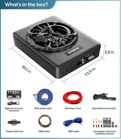 10" 1200W Slim Under Seat Powered Car Subwoofer, Car/Truck Audio Sub Built in Amplifier amp Combo, with LED Ambient Light (Subwoofer + Mounting Wire Kit) in Kuwait